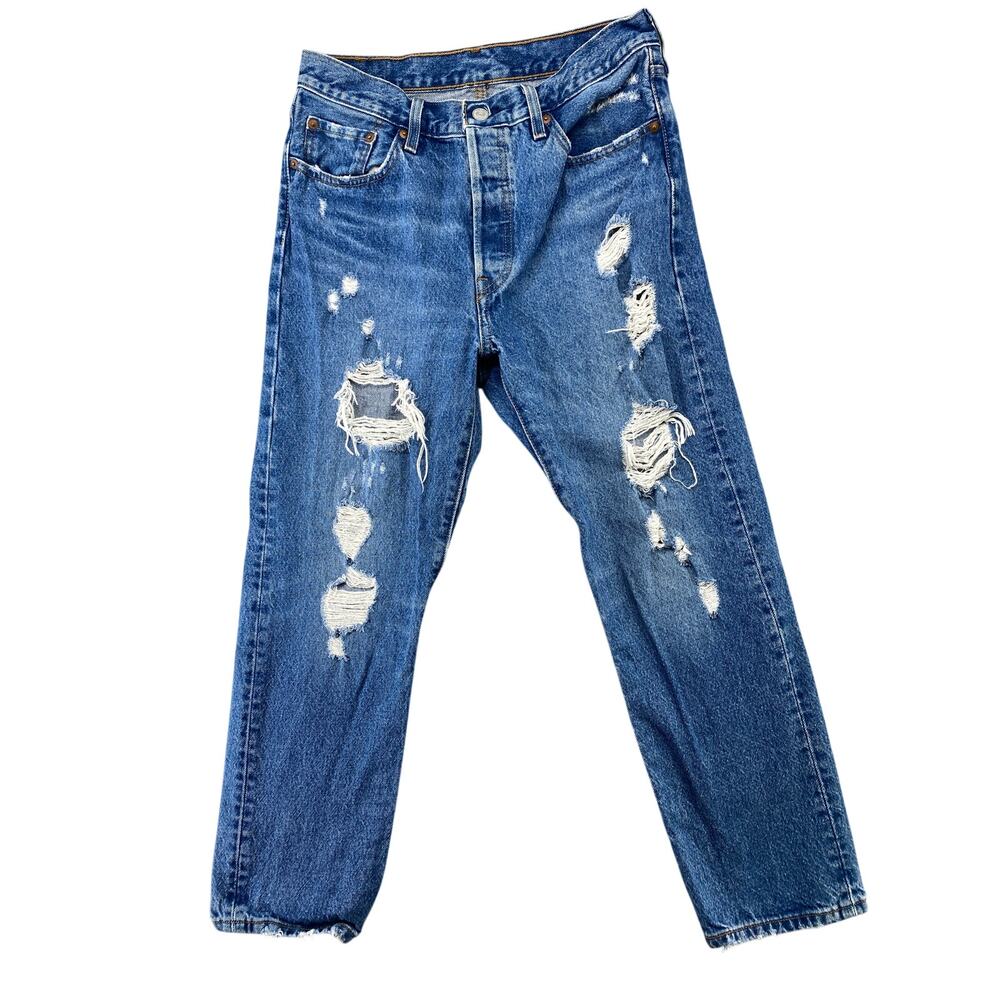 Vintage Levi’s 501 Jeans W28 L26 Distressed Button Fly Cropped Blue - Picture 2 of 11
